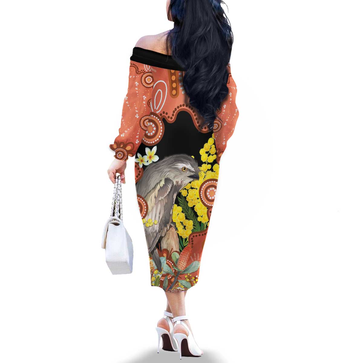 Australia Tawny Frogmouth Family Matching Off The Shoulder Long Sleeve Dress and Hawaiian Shirt Golden Wattle Banksia Aboriginal Art - Aussie Hoodie