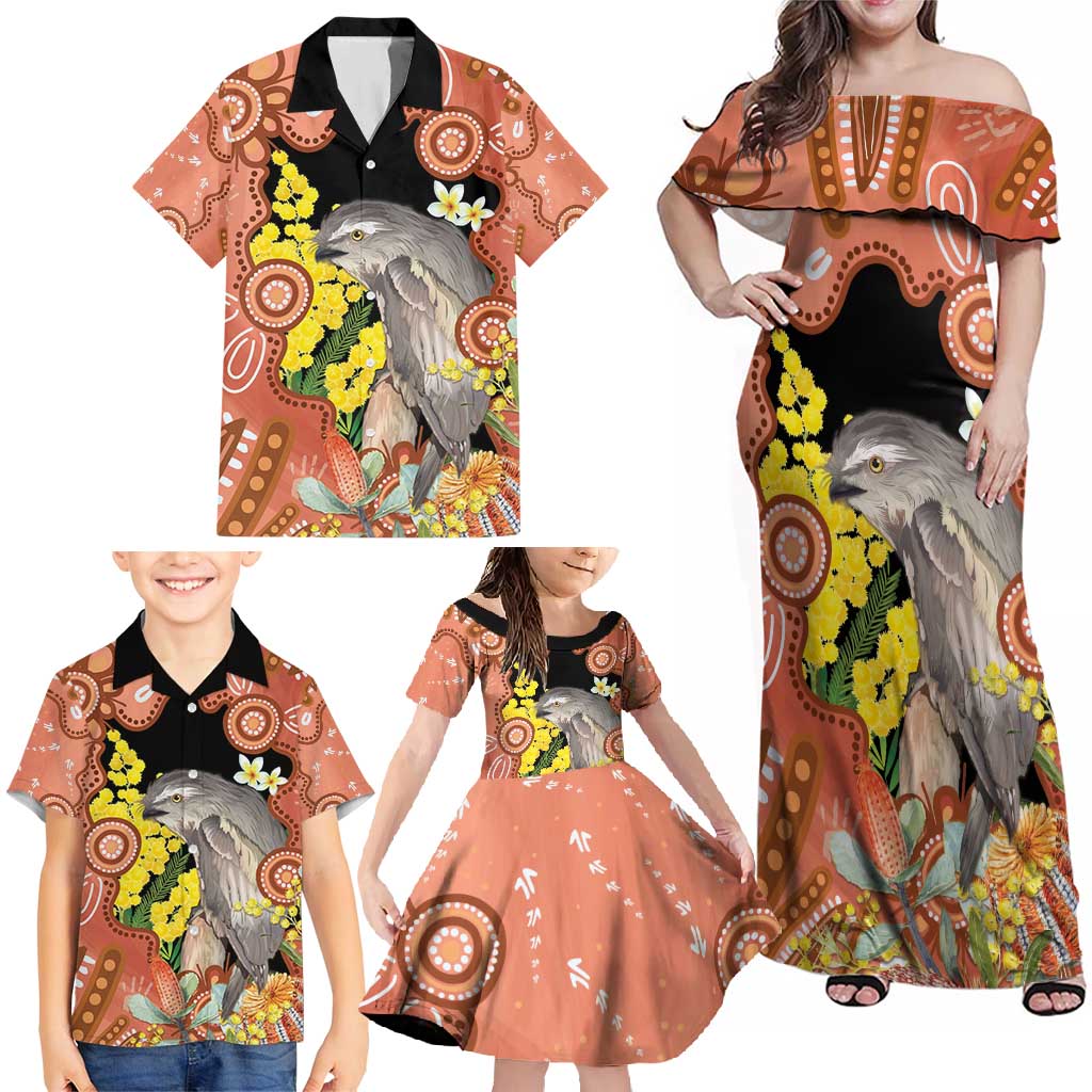 Australia Tawny Frogmouth Family Matching Off Shoulder Maxi Dress and Hawaiian Shirt Golden Wattle Banksia Aboriginal Art - Aussie Hoodie
