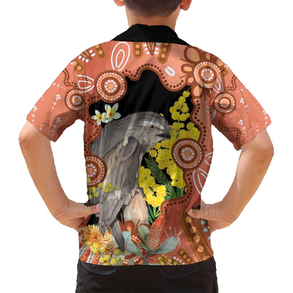 Australia Tawny Frogmouth Family Matching Off Shoulder Maxi Dress and Hawaiian Shirt Golden Wattle Banksia Aboriginal Art - Aussie Hoodie