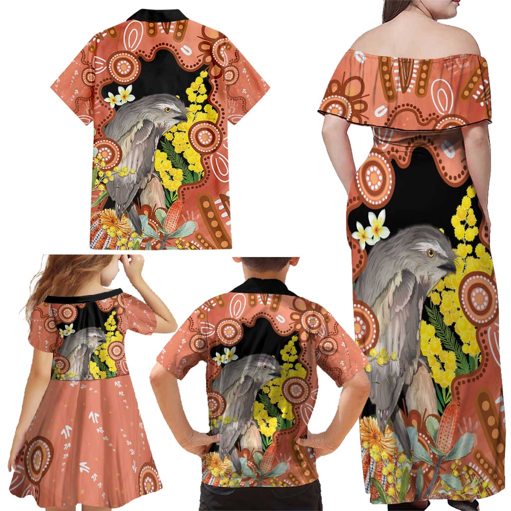 Australia Tawny Frogmouth Family Matching Off Shoulder Maxi Dress and Hawaiian Shirt Golden Wattle Banksia Aboriginal Art - Aussie Hoodie