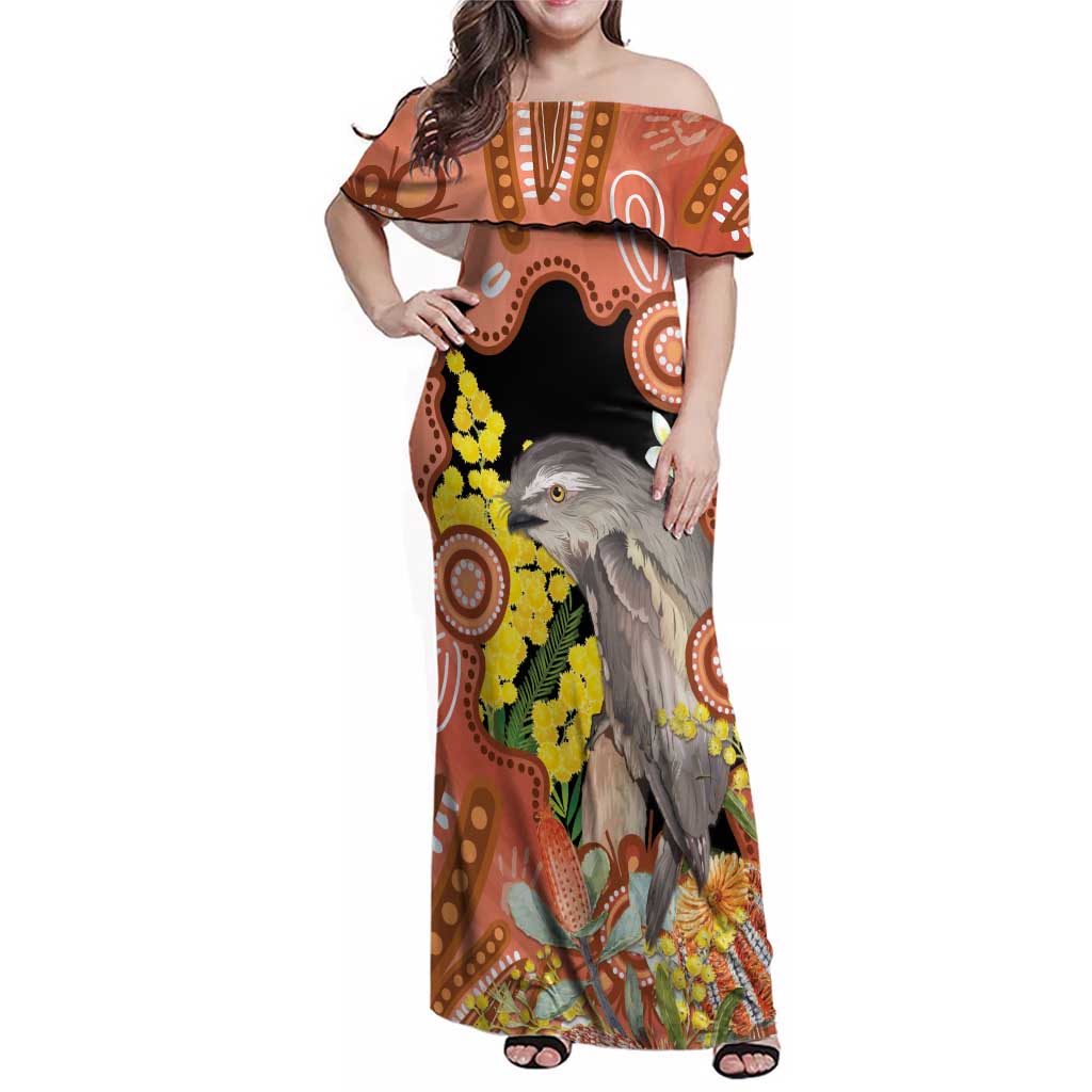 Australia Tawny Frogmouth Family Matching Off Shoulder Maxi Dress and Hawaiian Shirt Golden Wattle Banksia Aboriginal Art - Aussie Hoodie