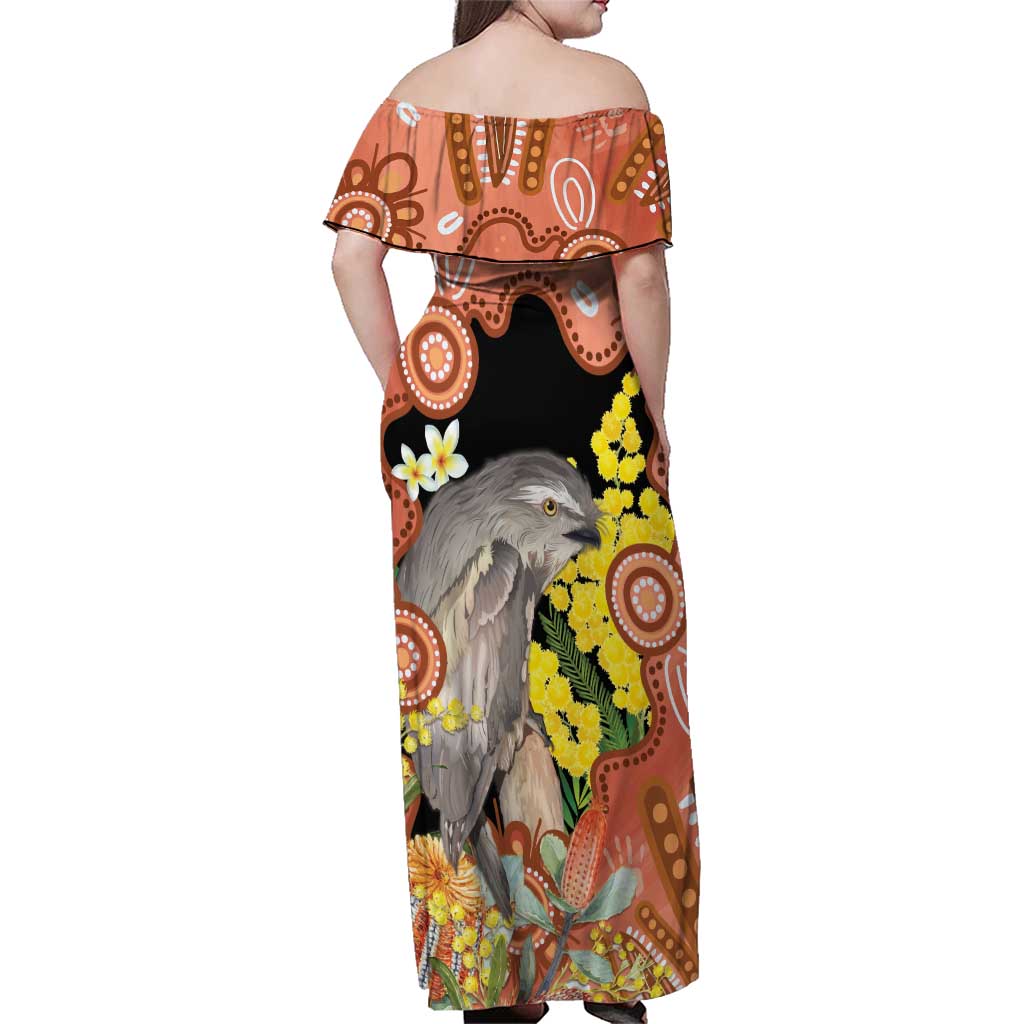 Australia Tawny Frogmouth Family Matching Off Shoulder Maxi Dress and Hawaiian Shirt Golden Wattle Banksia Aboriginal Art - Aussie Hoodie