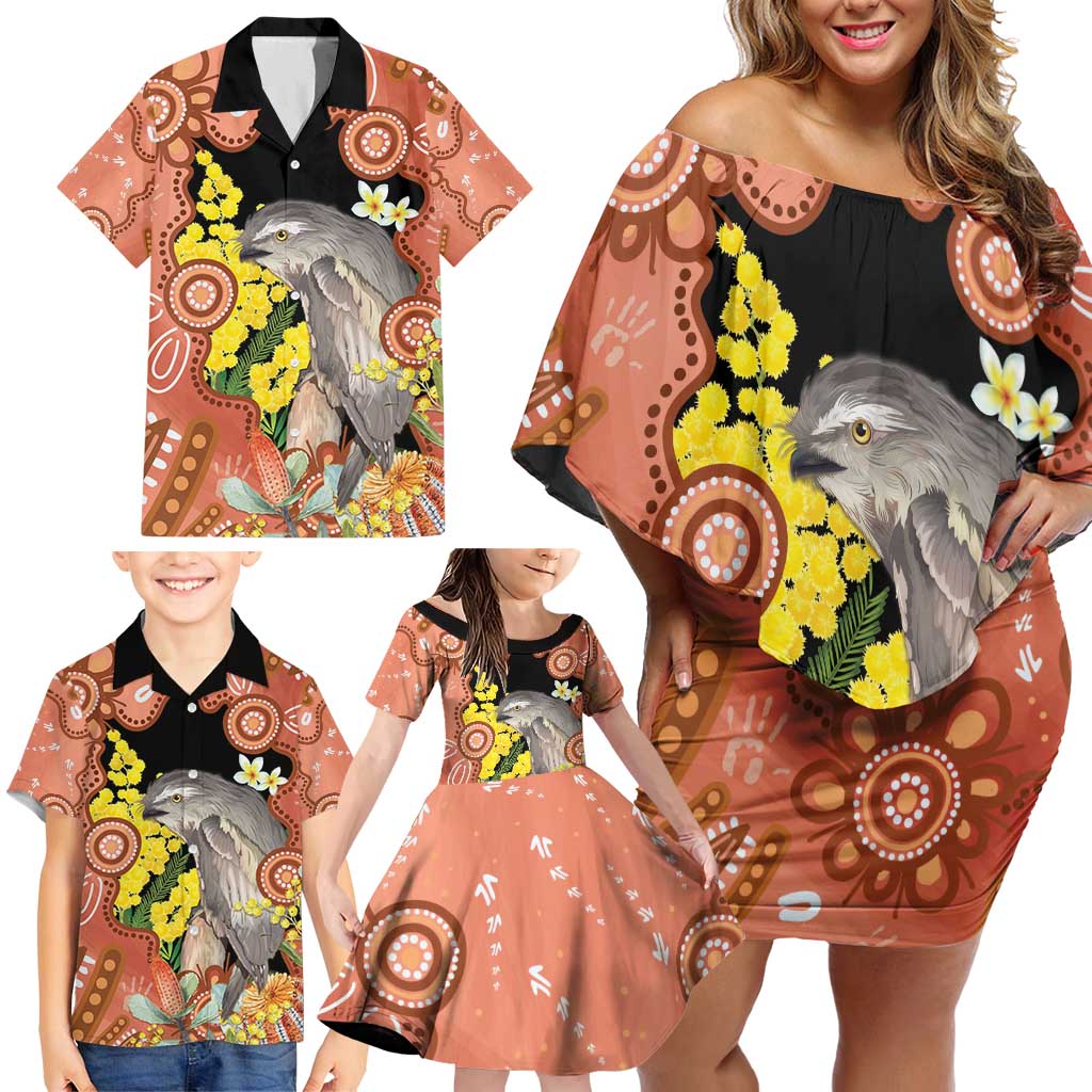 Australia Tawny Frogmouth Family Matching Off Shoulder Short Dress and Hawaiian Shirt Golden Wattle Banksia Aboriginal Art - Aussie Hoodie