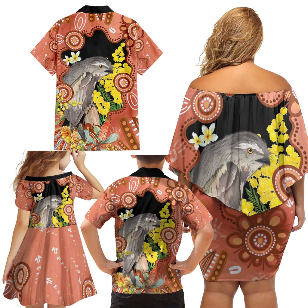 Australia Tawny Frogmouth Family Matching Off Shoulder Short Dress and Hawaiian Shirt Golden Wattle Banksia Aboriginal Art - Aussie Hoodie