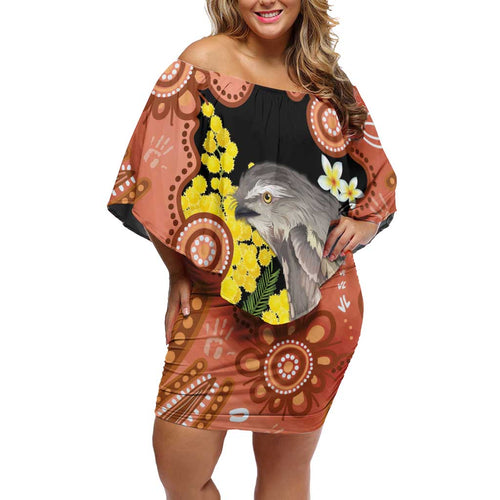 Australia Tawny Frogmouth Family Matching Off Shoulder Short Dress and Hawaiian Shirt Golden Wattle Banksia Aboriginal Art - Aussie Hoodie