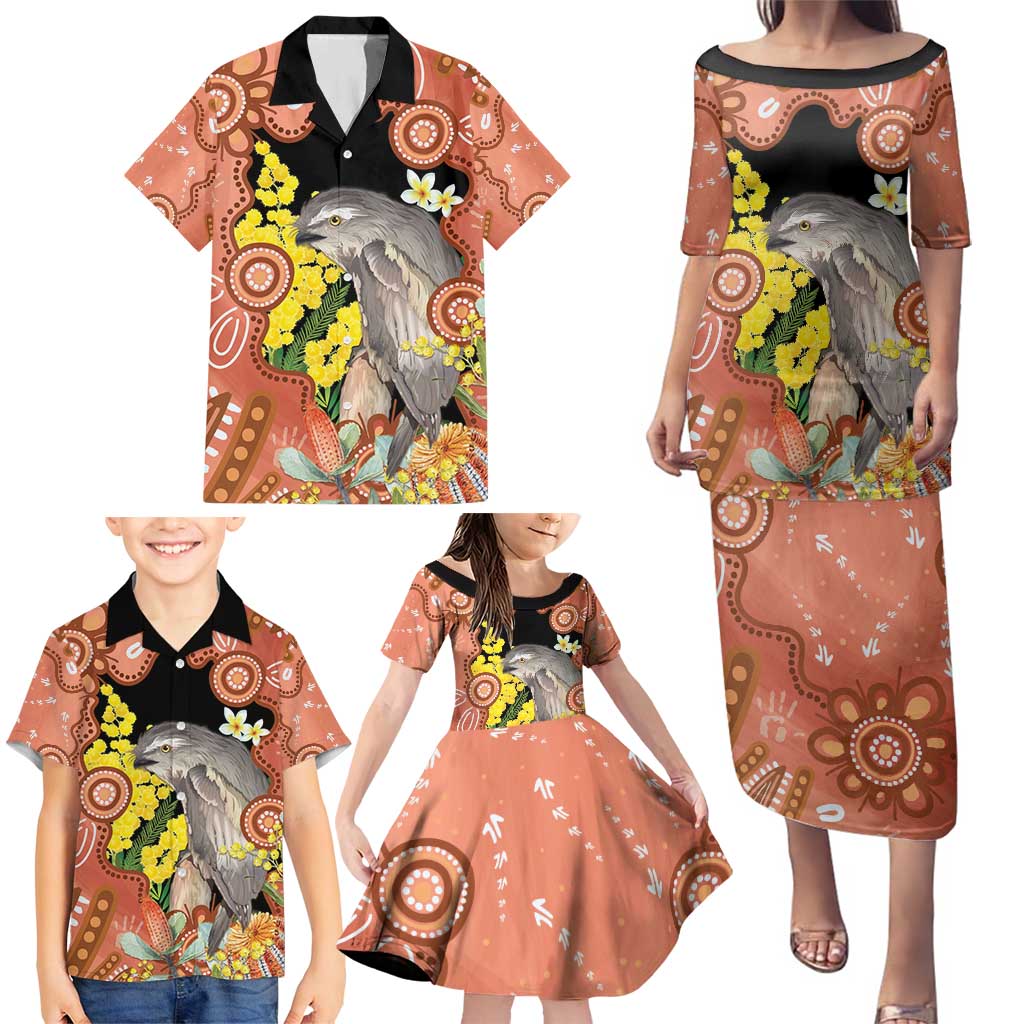 Australia Tawny Frogmouth Family Matching Puletasi and Hawaiian Shirt Golden Wattle Banksia Aboriginal Art - Aussie Hoodie