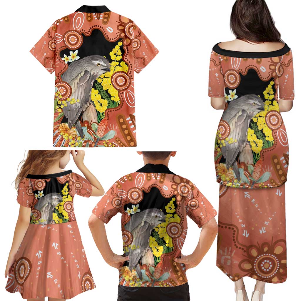 Australia Tawny Frogmouth Family Matching Puletasi and Hawaiian Shirt Golden Wattle Banksia Aboriginal Art - Aussie Hoodie