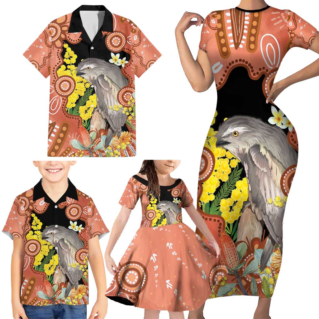 Australia Tawny Frogmouth Family Matching Short Sleeve Bodycon Dress and Hawaiian Shirt Golden Wattle Banksia Aboriginal Art - Aussie Hoodie