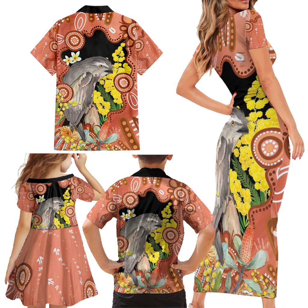 Australia Tawny Frogmouth Family Matching Short Sleeve Bodycon Dress and Hawaiian Shirt Golden Wattle Banksia Aboriginal Art - Aussie Hoodie