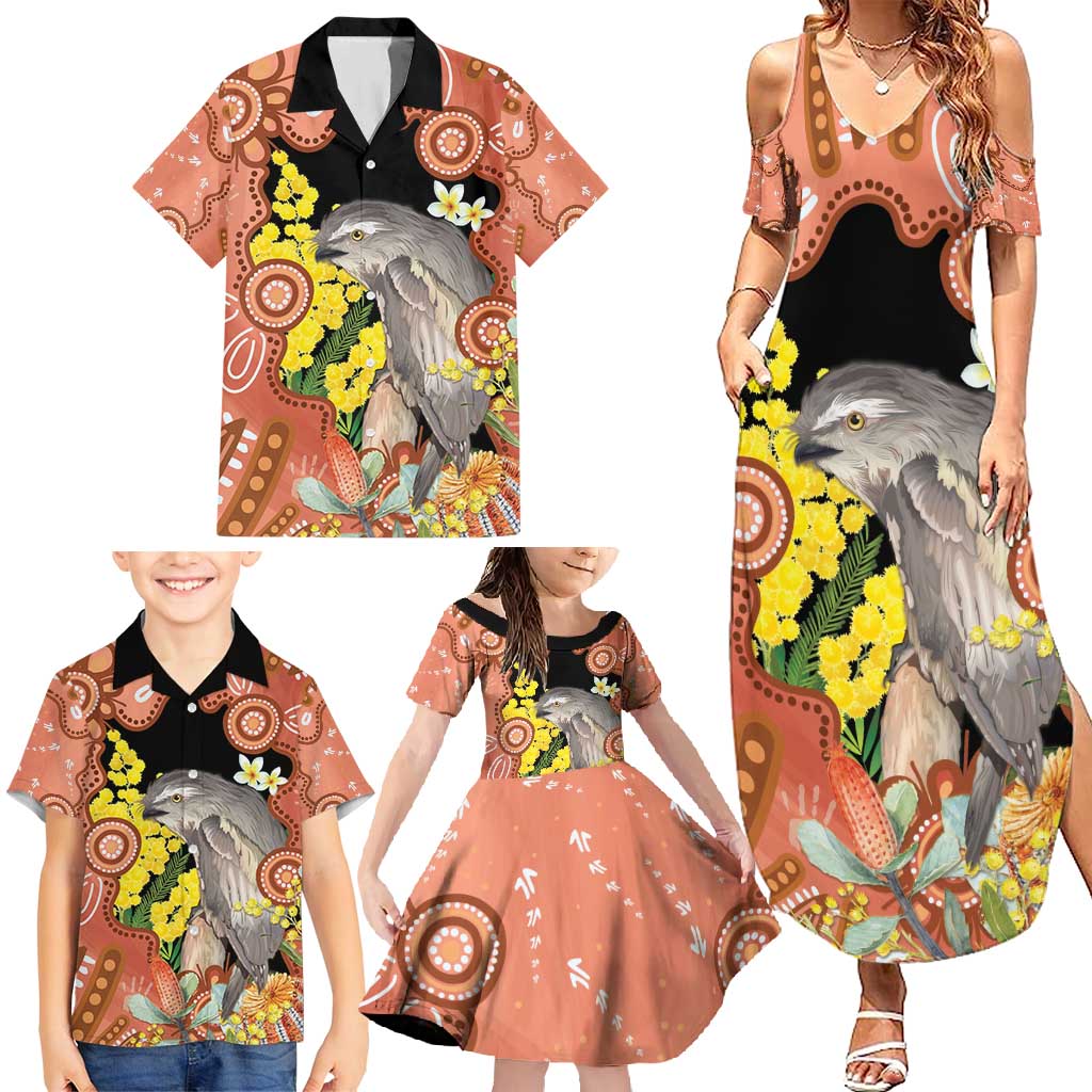 Australia Tawny Frogmouth Family Matching Summer Maxi Dress and Hawaiian Shirt Golden Wattle Banksia Aboriginal Art - Aussie Hoodie