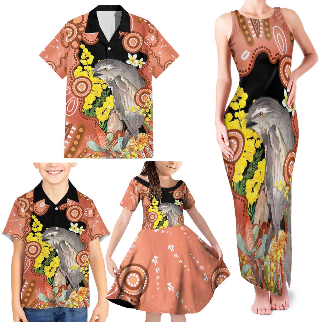 Australia Tawny Frogmouth Family Matching Tank Maxi Dress and Hawaiian Shirt Golden Wattle Banksia Aboriginal Art - Aussie Hoodie