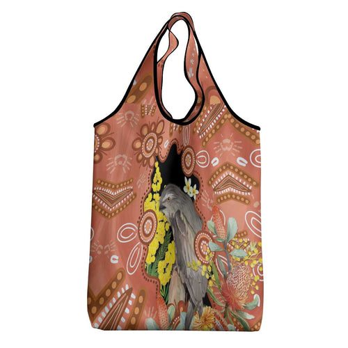 Australia Tawny Frogmouth Grocery Bag Golden Wattle Banksia Aboriginal Art - Aussie Hoodie