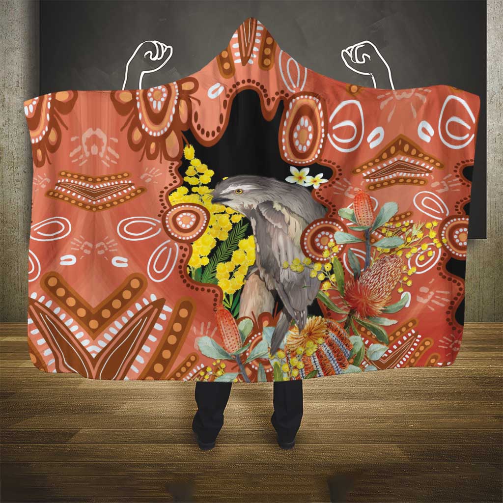 Australia Tawny Frogmouth Hooded Blanket Golden Wattle Banksia Aboriginal Art - Aussie Hoodie