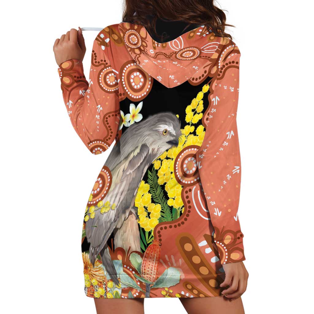 Australia Tawny Frogmouth Hoodie Dress Golden Wattle Banksia Aboriginal Art - Aussie Hoodie