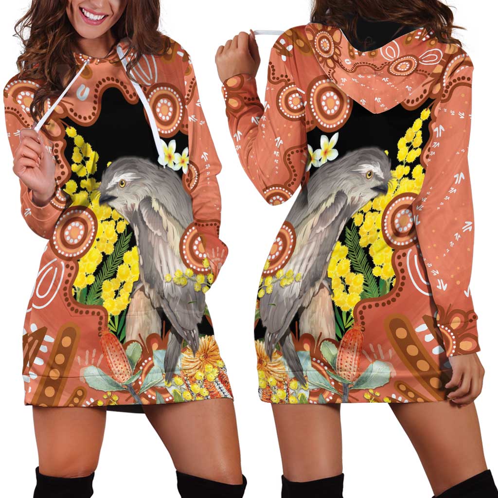 Australia Tawny Frogmouth Hoodie Dress Golden Wattle Banksia Aboriginal Art - Aussie Hoodie