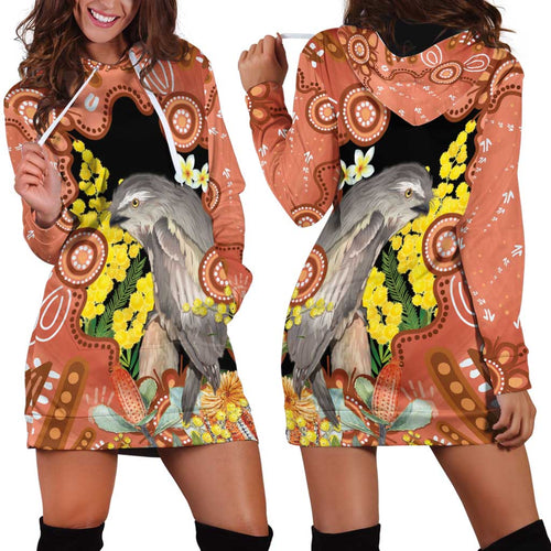 Australia Tawny Frogmouth Hoodie Dress Golden Wattle Banksia Aboriginal Art - Aussie Hoodie
