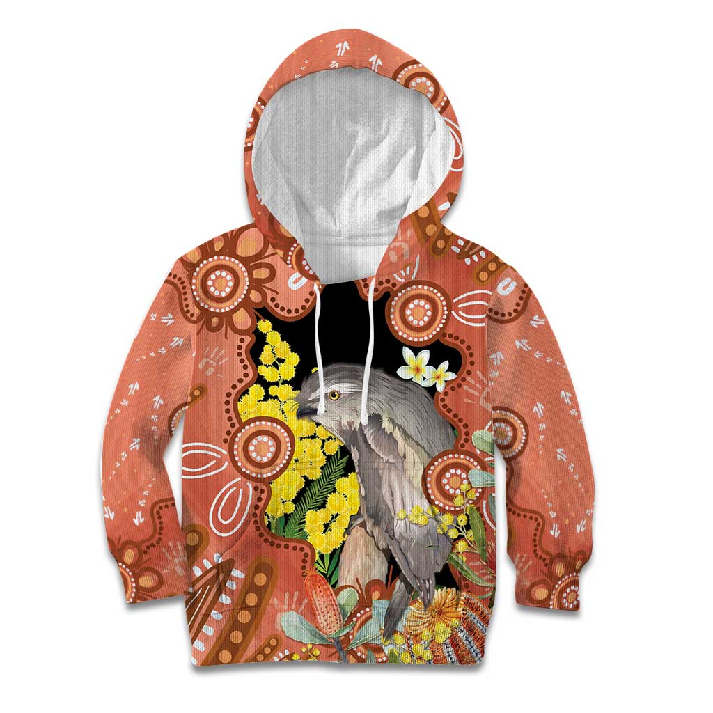 Australia Tawny Frogmouth Kid Hoodie Golden Wattle Banksia Aboriginal Art - Aussie Hoodie