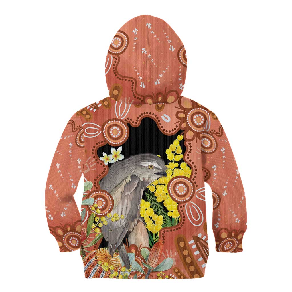Australia Tawny Frogmouth Kid Hoodie Golden Wattle Banksia Aboriginal Art - Aussie Hoodie