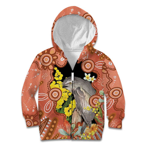 Australia Tawny Frogmouth Kid Hoodie Golden Wattle Banksia Aboriginal Art - Aussie Hoodie
