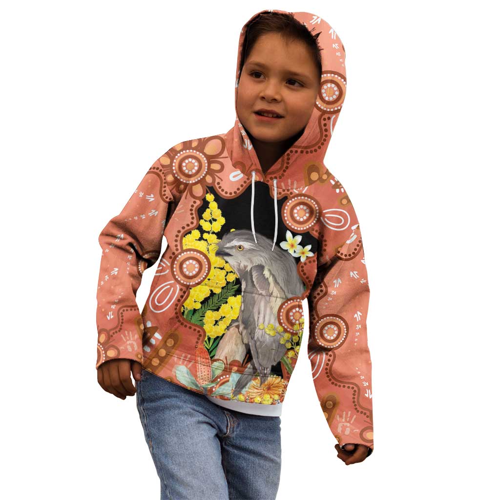 Australia Tawny Frogmouth Kid Hoodie Golden Wattle Banksia Aboriginal Art - Aussie Hoodie
