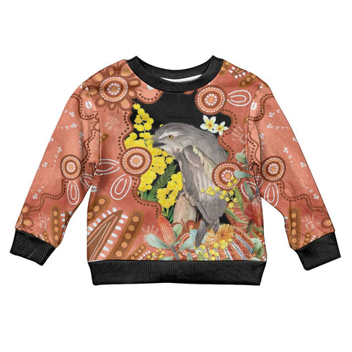 Australia Tawny Frogmouth Kid Ugly Christmas Sweater Golden Wattle Banksia Aboriginal Art - Aussie Hoodie