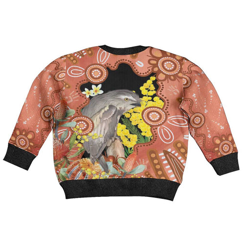 Australia Tawny Frogmouth Kid Ugly Christmas Sweater Golden Wattle Banksia Aboriginal Art - Aussie Hoodie