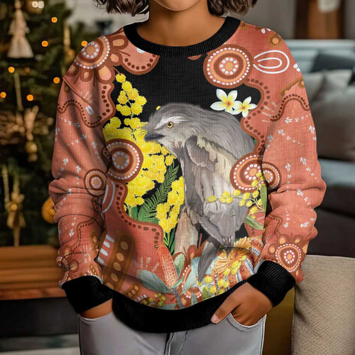 Australia Tawny Frogmouth Kid Ugly Christmas Sweater Golden Wattle Banksia Aboriginal Art - Aussie Hoodie