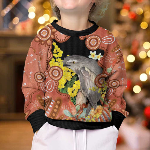 Australia Tawny Frogmouth Kid Ugly Christmas Sweater Golden Wattle Banksia Aboriginal Art - Aussie Hoodie