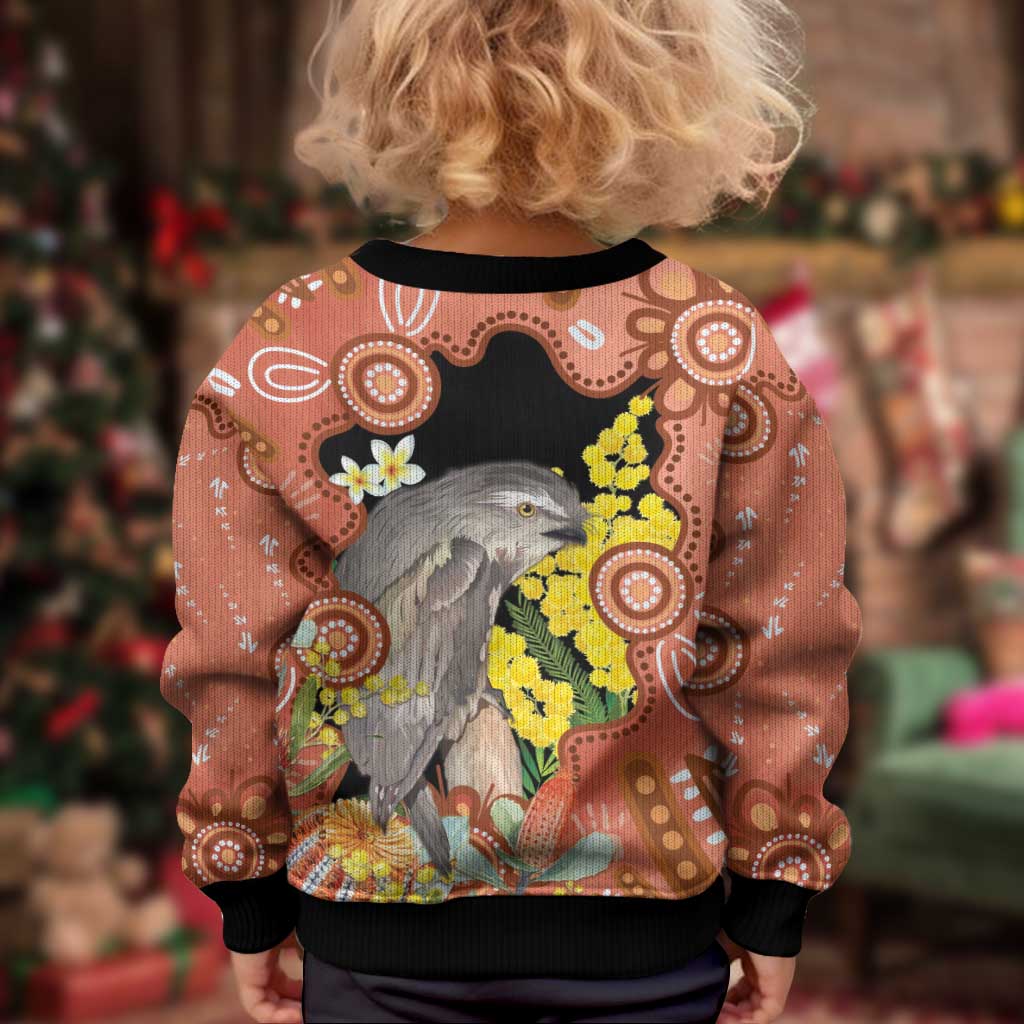 Australia Tawny Frogmouth Kid Ugly Christmas Sweater Golden Wattle Banksia Aboriginal Art - Aussie Hoodie
