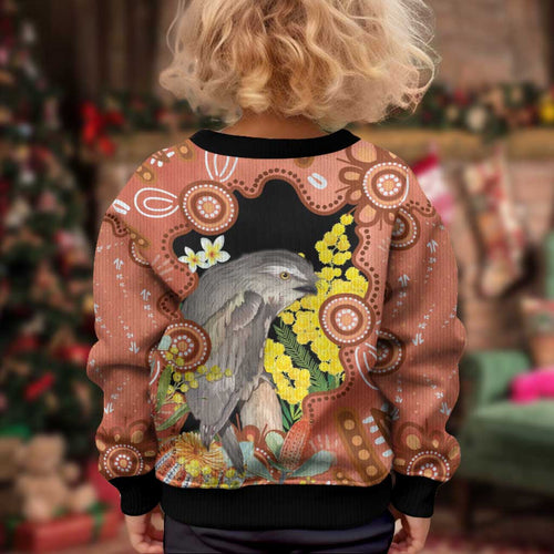 Australia Tawny Frogmouth Kid Ugly Christmas Sweater Golden Wattle Banksia Aboriginal Art - Aussie Hoodie