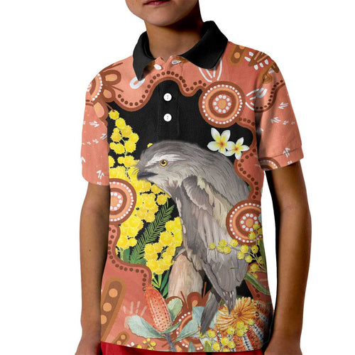 Australia Tawny Frogmouth Kid Polo Shirt Golden Wattle Banksia Aboriginal Art - Aussie Hoodie
