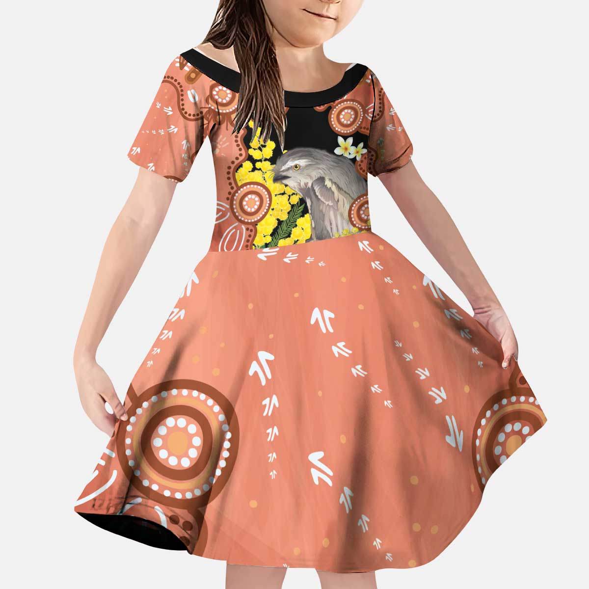 Australia Tawny Frogmouth Kid Short Sleeve Dress Golden Wattle Banksia Aboriginal Art - Aussie Hoodie
