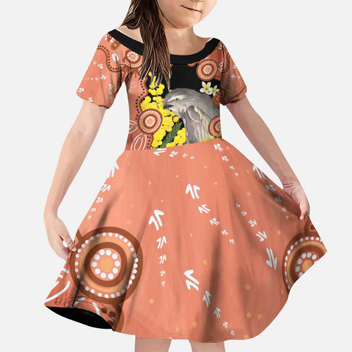 Australia Tawny Frogmouth Kid Short Sleeve Dress Golden Wattle Banksia Aboriginal Art - Aussie Hoodie