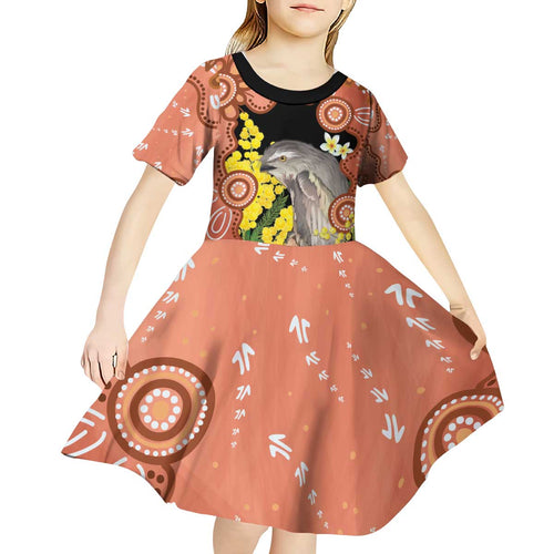 Australia Tawny Frogmouth Kid Short Sleeve Dress Golden Wattle Banksia Aboriginal Art - Aussie Hoodie