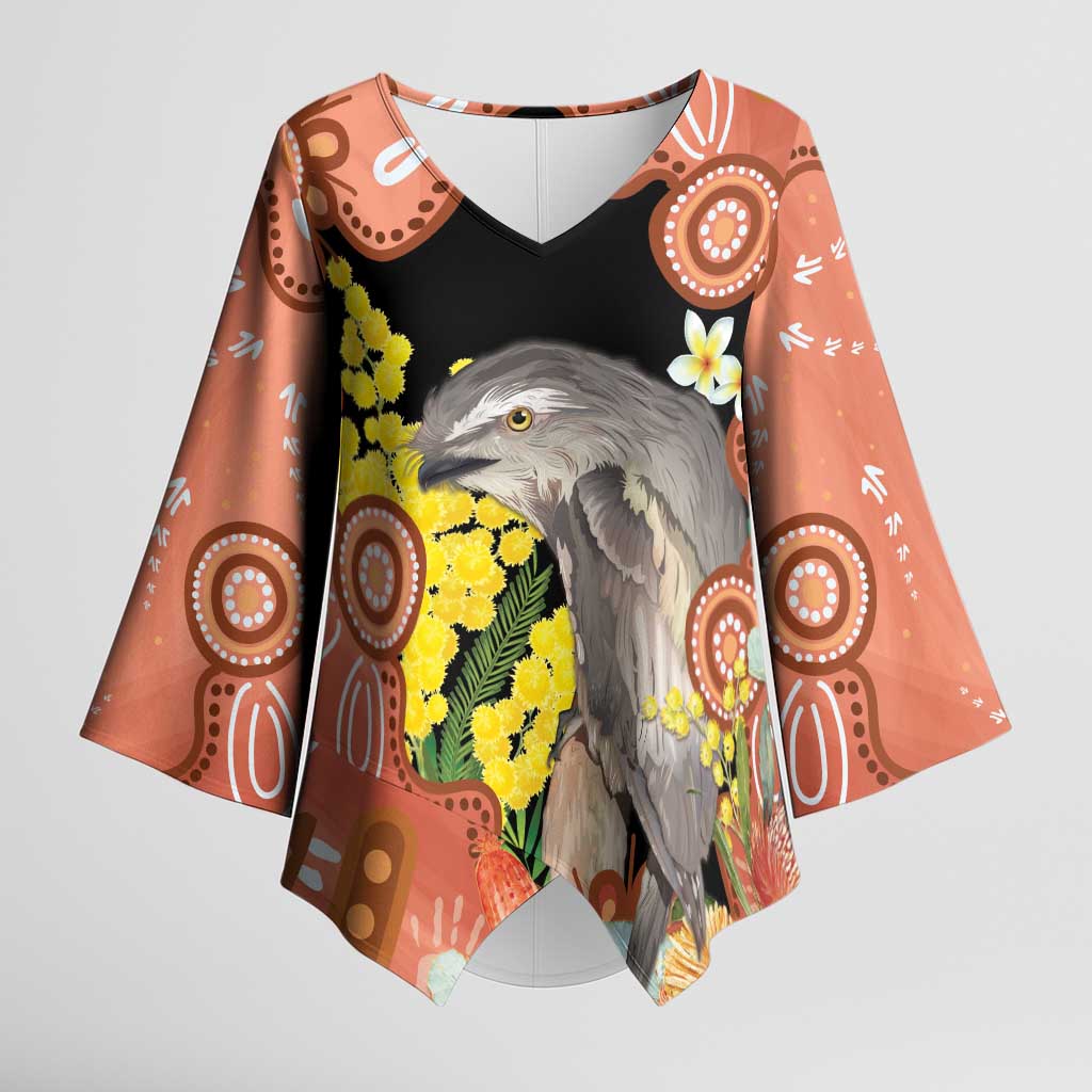 Australia Tawny Frogmouth Kimono Sleeve Blouse Golden Wattle Banksia Aboriginal Art - Aussie Hoodie
