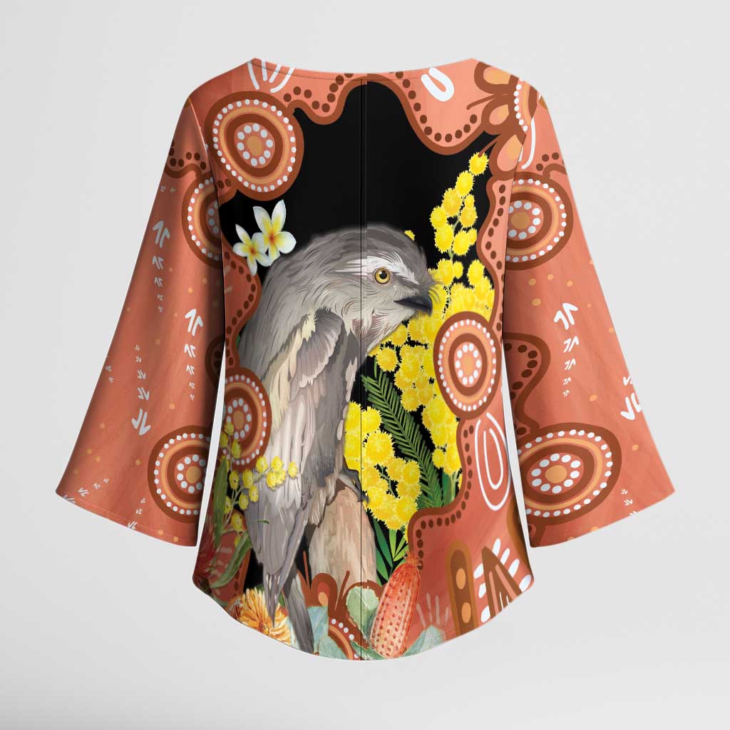 Australia Tawny Frogmouth Kimono Sleeve Blouse Golden Wattle Banksia Aboriginal Art - Aussie Hoodie