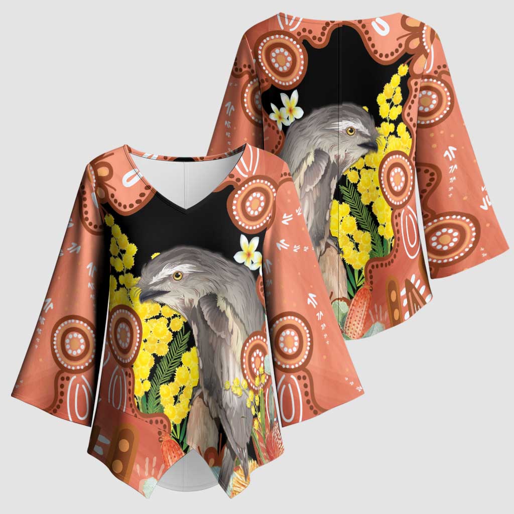 Australia Tawny Frogmouth Kimono Sleeve Blouse Golden Wattle Banksia Aboriginal Art - Aussie Hoodie