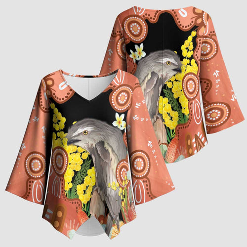 Australia Tawny Frogmouth Kimono Sleeve Blouse Golden Wattle Banksia Aboriginal Art - Aussie Hoodie