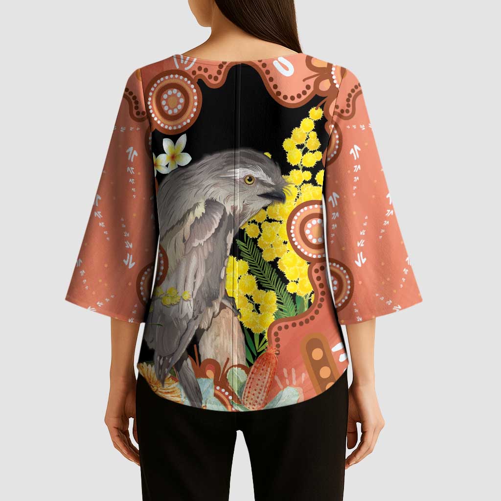 Australia Tawny Frogmouth Kimono Sleeve Blouse Golden Wattle Banksia Aboriginal Art - Aussie Hoodie