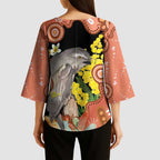 Australia Tawny Frogmouth Kimono Sleeve Blouse Golden Wattle Banksia Aboriginal Art - Aussie Hoodie