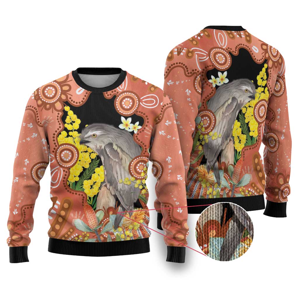 Australia Tawny Frogmouth Ugly Christmas Sweater Golden Wattle Banksia Aboriginal Art - Aussie Hoodie