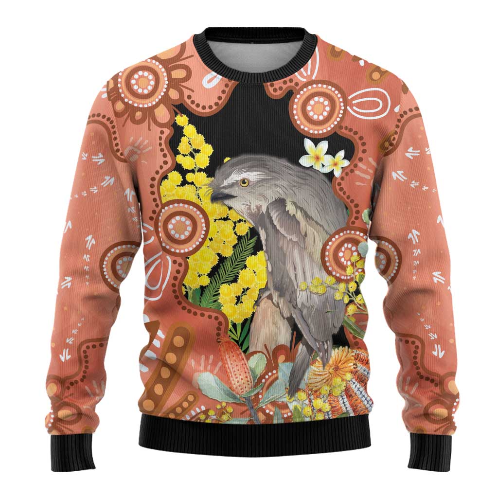 Australia Tawny Frogmouth Ugly Christmas Sweater Golden Wattle Banksia Aboriginal Art - Aussie Hoodie