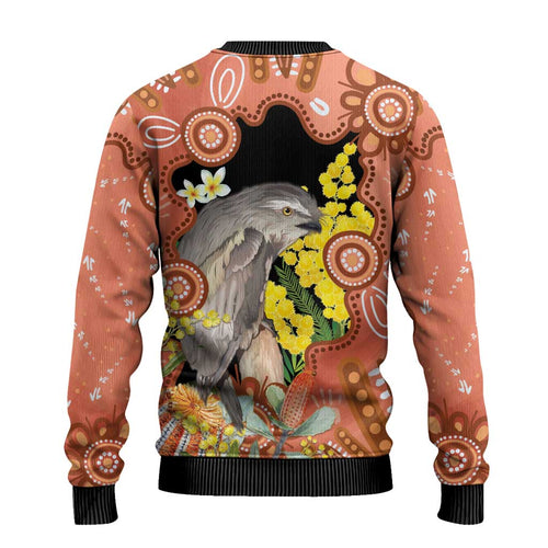 Australia Tawny Frogmouth Ugly Christmas Sweater Golden Wattle Banksia Aboriginal Art - Aussie Hoodie