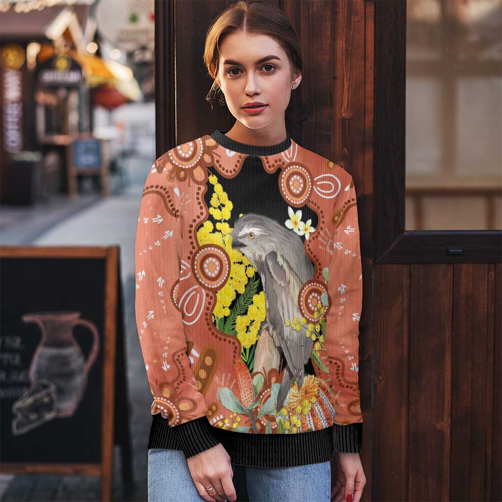 Australia Tawny Frogmouth Ugly Christmas Sweater Golden Wattle Banksia Aboriginal Art - Aussie Hoodie