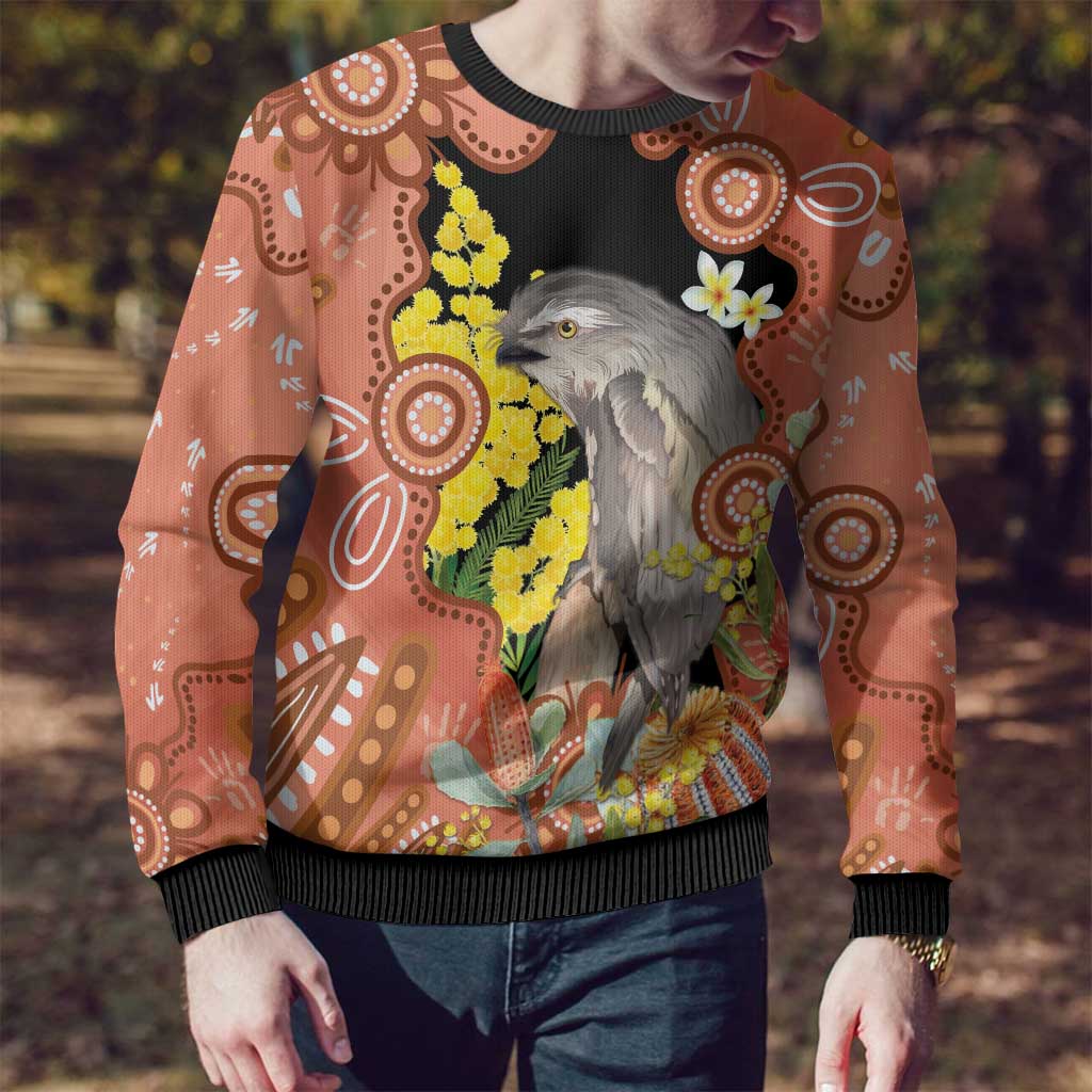 Australia Tawny Frogmouth Ugly Christmas Sweater Golden Wattle Banksia Aboriginal Art - Aussie Hoodie