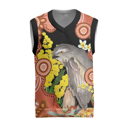 Australia Tawny Frogmouth Christmas Knitted V-Neck Vest Golden Wattle Banksia Aboriginal Art - Aussie Hoodie