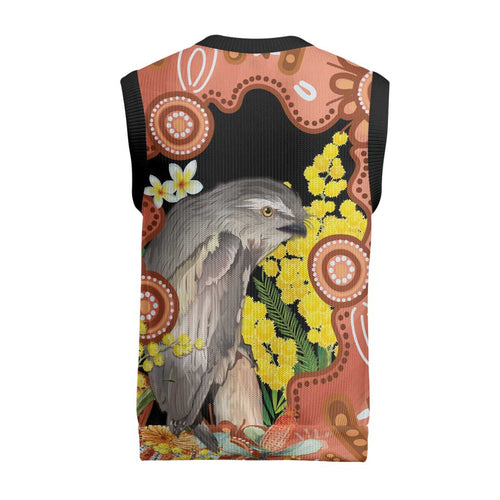 Australia Tawny Frogmouth Christmas Knitted V-Neck Vest Golden Wattle Banksia Aboriginal Art - Aussie Hoodie
