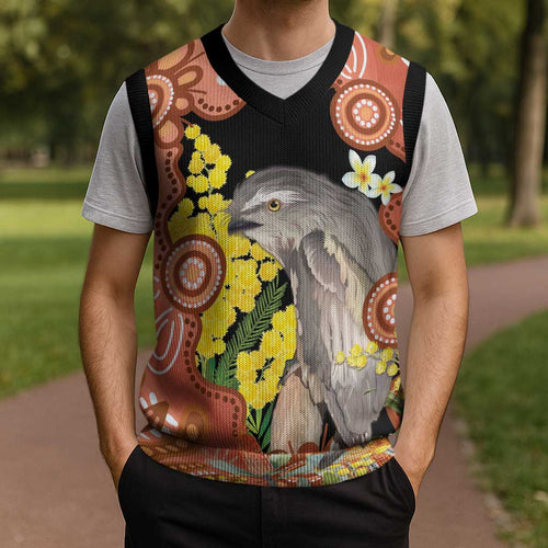 Australia Tawny Frogmouth Christmas Knitted V-Neck Vest Golden Wattle Banksia Aboriginal Art - Aussie Hoodie