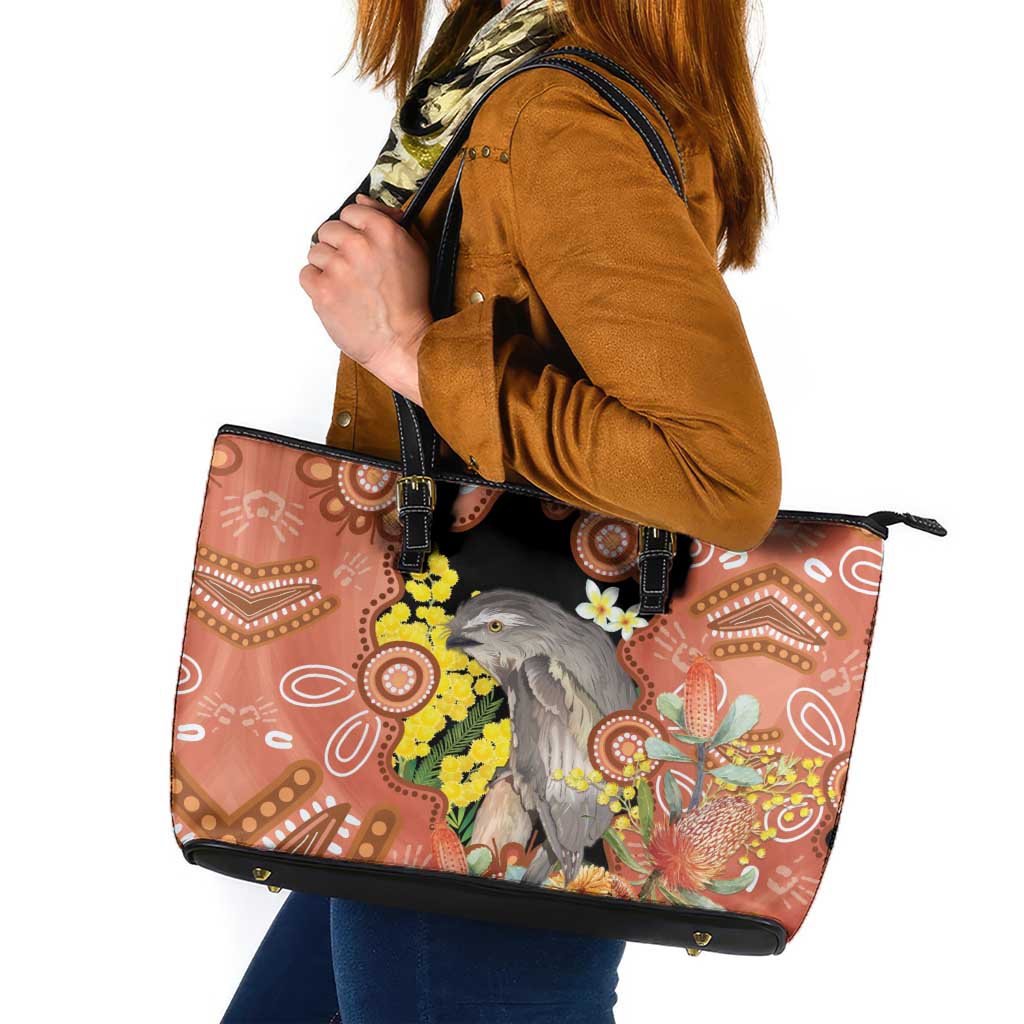 Australia Tawny Frogmouth Leather Tote Bag Golden Wattle Banksia Aboriginal Art - Aussie Hoodie