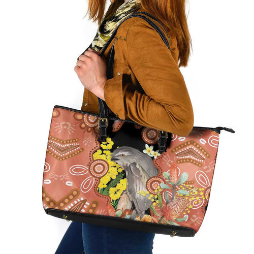 Australia Tawny Frogmouth Leather Tote Bag Golden Wattle Banksia Aboriginal Art - Aussie Hoodie